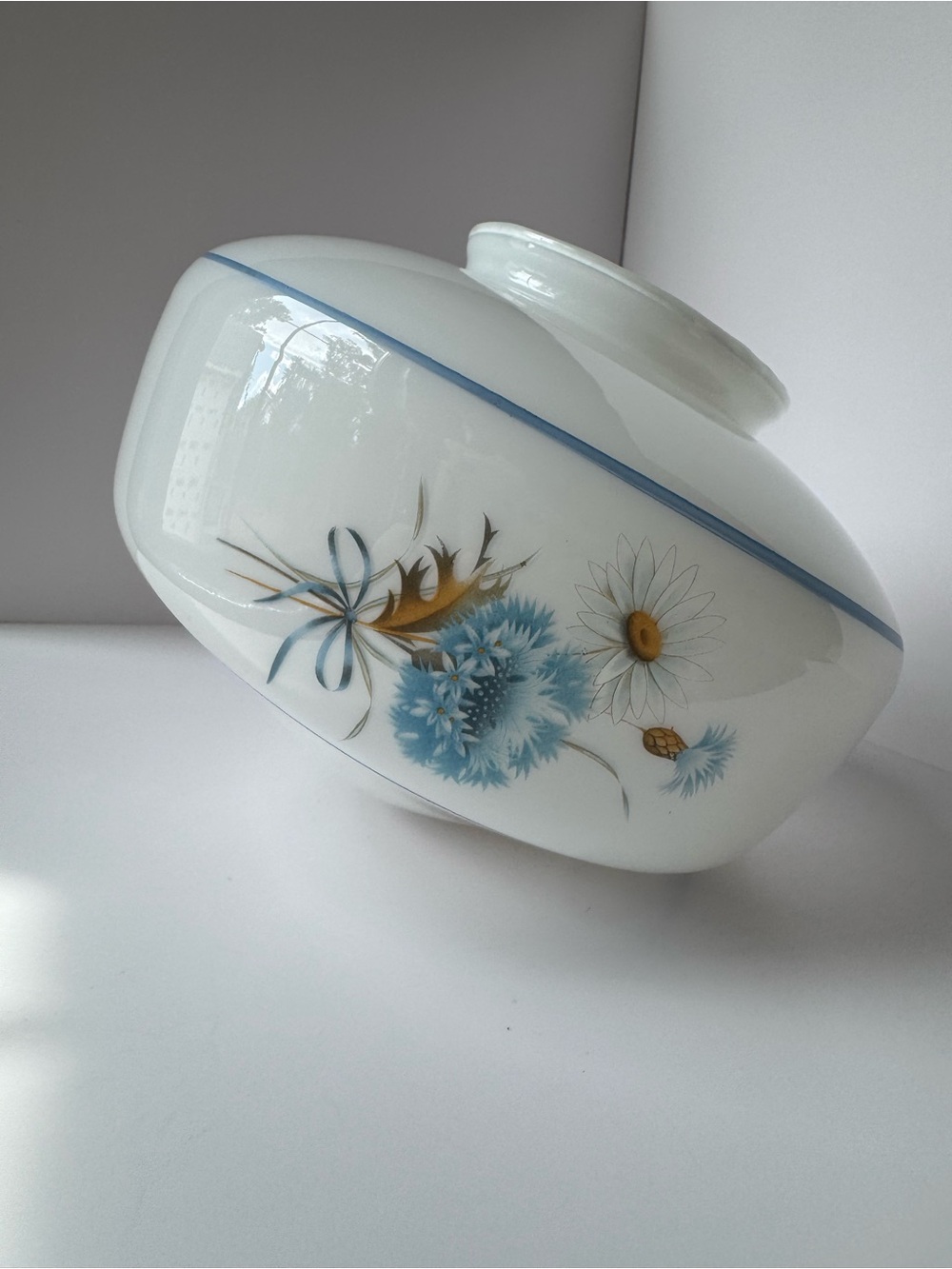 Antique Milky White Glass Round Floral Blue Daisy Ceiling Light Fixture Vintage